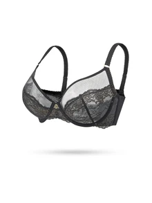LUVLETTE Soft Woman Lingerie Lounge Curve Sheer Full Coverage Underwire Sexy Unlined Minimizer Sequined Glam Floral Lace Elegance & Mesh Intimates Black Bra - Black - View 2