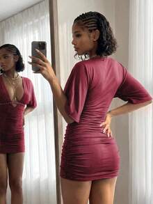 EgrlEra Deep V Sexy Ruched Bodycon Dress With Bell Sleeves, Ribbon & Beaded Embellishments - Burgundy - View 2