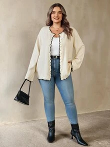 SHEIN CURVE+ Cardigan Rajut Wanita Ukuran Plus dengan Blok Warna dan Hem Melengkung - Aprikot - View 4