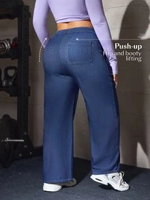 Flexra Old Money Plus Size Women's Blue Stretch Denim Banana Leg Pants With Elastic Waistband And Drawstring - Dark Wash - View 2