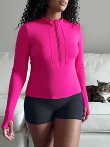 SHEIN Core Rhythm Plus Size Women Solid Color Patchwork Long Sleeve Short Zipper Slim Fit Sports Jacket - Hot Pink - View 5