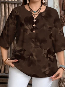 Mellowie Brown Tie-Dye Floral Casual Minimalist Plus Size Shirt, Suitable For Spring And Autumn Wear - Multicolor - View 4