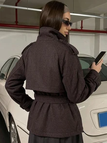 DAZY Women's Small Stand Collar Wool Blend Casual Short Trench Coat Jacket Winter - Grey - View 4