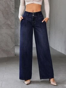 SHEIN Tall Celana Jeans Kaki Lebar dengan Kantong Miring - Biru - View 7