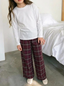 Dazy Kids 長袖T恤風格格紋休閒褲 寬鬆直筒百搭長褲 適合前青春期女孩居家服 - 酒紅色 - 查看 5