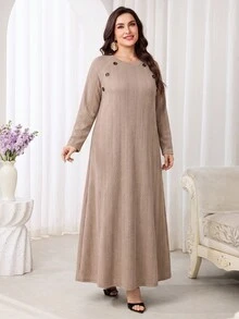 Veilorie Plus Size Women Solid Color Casual Daily Long Sleeve Sweatshirt - Khaki - View 4