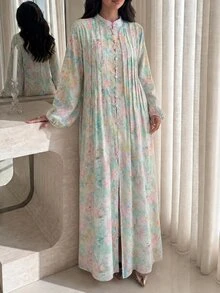 Yasmyna Women's Floral Print Button Loose Casual Elegant Maxi Dress - Green - View 4