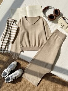 Girls' Autumn/Winter Fashion Pattern Jacquard Knit Sweater Long Sleeve Pullover & Long Pants Set - Camel - View 5