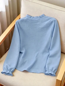 INAWLY Women's Solid Color Casual Versatile Daily Long Sleeve Shirt - Blue - View 2