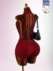 Amplova Women's Street Style Rivet Open Back Sexy Jumpsuit - Burgundy - View 9