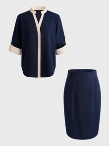 Balvessa Women's Contrast Color Stand Collar Blouse & Skirt Commuter Two Pieces Set - Navy Blue - View 8
