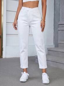 Slaydiva Quần jeans ống đứng cạp thẳng màu trơn có cúc và túi cho người size lớn - trắng - Xem 5