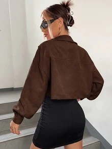 SHEIN EZwear 春秋穿搭落肩翻蓋設計短版燈芯絨夾克 秋冬款 - 棕色 - 查看 2