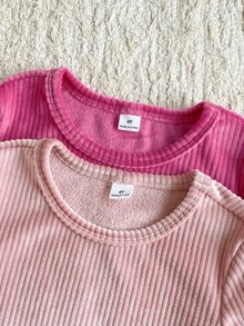 5pcs Randomly Sent 2pcs Autumn/Winter Girls Soft Comfortable Double-Sided Vertical Striped Fleece Pink Deep Pink Khaki Purple Black Multi-Color Randomly Sent Soft Comfortable Simple Long Sleeve Tops 2pcs Set Can Be Worn As Inner Layer Or Outerwear - Multicolor - View 5