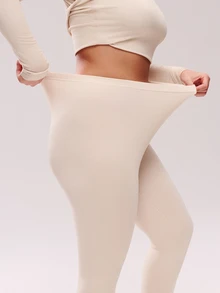 LUVLETTE Plus Women's Thermal Underwear Ultra-Soft Base Layer Cold Weather Warm Winter PJ Set Round Neck Top And Long Bottoms - Beige Lightweight And Warm Set  - Apricot - View 5