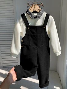 SHEIN 兒童小男孩/女孩，小男孩 2 件組秋冬休閒時尚運動衫套裝，POLO 領運動衫與綠色燈芯絨吊帶褲套裝，小男孩秋冬服飾，套裝，Squishy - 黑色 - 查看 3
