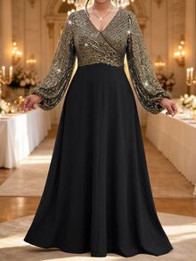 Fleurora Plus Size V-Neck Long Sleeve Ruched High Waist A-Line Dress - Multicolor - View 3