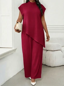 SHEIN Lady 大尺碼女款純色休閒日常穿著上衣 - 酒紅色 - 查看 1