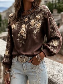SHEIN Holidaya Women's French Style Light Pink Printed Round Neck Long Sleeve Cuffed Loose Casual Sweatshirt - Brown - View 3