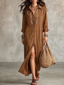SHEIN 女款長版復古焦糖棕領口襯衫洋裝 - 棕色 - 查看 1