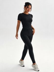 SHEIN Dewbera Women's Polka Dot Print Round Neck Short Sleeve Top & Long Pants Sports Set - Black - View 5