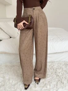 Feyla High-Waisted Corduroy Polka Dot Print Wide-Leg Trousers Perfect For Autumn And Winter, Offering A Relaxed And Comfortable Fit. - Brown - View 5