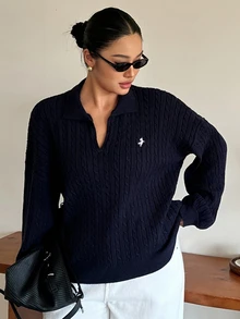 Dazy Plus Blogger Casual Style Embroidered Pattern Loose Fit Spring/Autumn New Pullover Sweater - Navy Blue - View 3