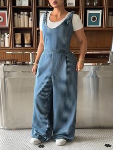 Rivivi Summer New Sexy Loose Print Striped Plus Size Denim Jumpsuit - Blue - View 3