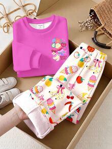 Young Girl Cute Nordic Style Dopamine Fun Fruit & Floral Pattern, Casual Loose Drop Shoulder Long Sleeve Sweatshirt & Pleated Wide Leg Sweatpants Set With Fleece Lining - Multicolor - View 7