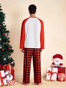 TOM & JERRY X SHEIN Men's Cartoon Print Long Sleeve Top And Plaid Pants Loungewear Set - Red and White - View 2