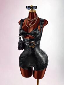 Amplova Triangle Cup Thin Strap PU Leather Buckle Tie Sleeveless Tight Bodycon Mini Jumpsuit With Super Elasticity For Women - Black - View 2