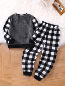 SHEIN Tween Boy Embroidered Long Sleeve Crew Neck Top And Plaid Pants Loungewear Set - Lilac Purple - View 2