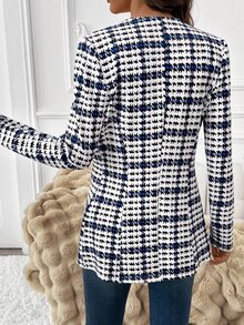 SHEIN Clasi Waist-Cinching Printed Colorblock Button Long Sleeve Blazer Jacket - Blue and White - View 2