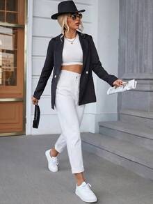 Slaydiva Quần jeans ống đứng cạp thẳng màu trơn có cúc và túi cho người size lớn - trắng - Xem 9