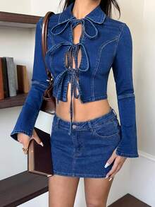 Rivivi Women's Collared Long Sleeve Tie-Front Cropped Denim Top - Blue - View 4