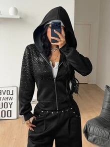 Coolane Women's Fall/Winter Party Rave Outfit Y2k Grunge Punk Streetwear Glitter Sequin Diamond Pattern Warm Fitted Black Zip Up Hoodies Fall Clothes Y2K Tops - Black - View 5