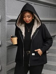 Reflora Jaket Berkerudung Kasual Serbaguna untuk Pakaian Sehari-hari, Berlapisan Termal untuk Wanita Ukuran Besar - Hitam - View 8