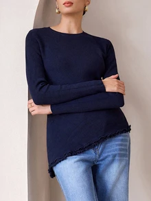 Graceveil Women's Asymmetrical Ruffle Cinched Waist Long Sleeve Sweater, Autumn/Winter - Navy Blue - View 5