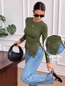 Serisse 女款時尚蕾絲拼接不對稱下擺長袖T恤 - 軍綠色 - 查看 1