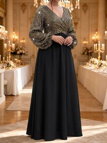Fleurora Plus Size V-Neck Long Sleeve Ruched High Waist A-Line Dress - Multicolor - View 5