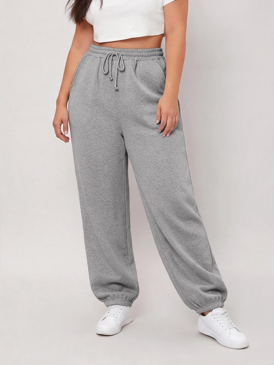 EMERY ROSE Plus Size Drawstring Tie Elastic Waist Solid Color Pants Fall Gym Home Wear Beach Gray Casual Baggy Cargo - Grey - View 1