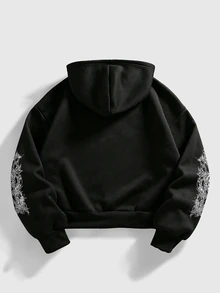ROMWE MEN Street Life Men's Casual Printed Zip-Up Long Sleeve Hoodie - Black - View 2