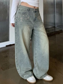 Dazy Plus Rhinestone Studded Korean Style Loose Fit Distressed Casual Denim Jeans All Season - Medium Wash - View 4
