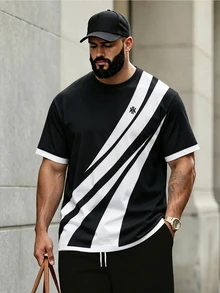 Manfinity Homme Plus Size Men's Striped Contrast Color Short Sleeve Crew Neck T-Shirt Casual Comfortable - Black and White - View 3