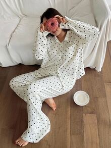 Dazy Plus Setelan Piyama Rumahan 2 Potong Celana Panjang Putih Longgar Motif Polkadot Gaya Korea - Putih - View 2