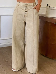Dazy Plus Plus Size High Waist Button Fly Contrast Stitch Loose Wide Leg Denim Jeans - Apricot - View 4