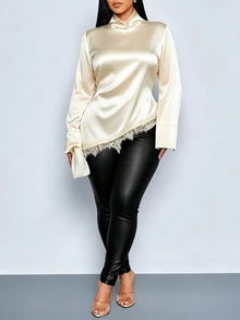 SOLERSUN Plus Size Satin High Neck Long Sleeve Blouse Asymmetrical Lace Office Brunch Date Daily Streetwear - Apricot - View 7