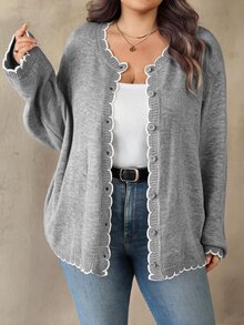 SHEIN CURVE+ 大尺碼女款拼色休閒百搭日常外出開襟衫 - 灰色 - 查看 5