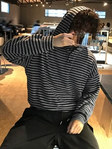 DAZY Autumn/Winter Striped Woolen Black & Grey Placket Button Design Men's Hoodie - Multicolor - View 7