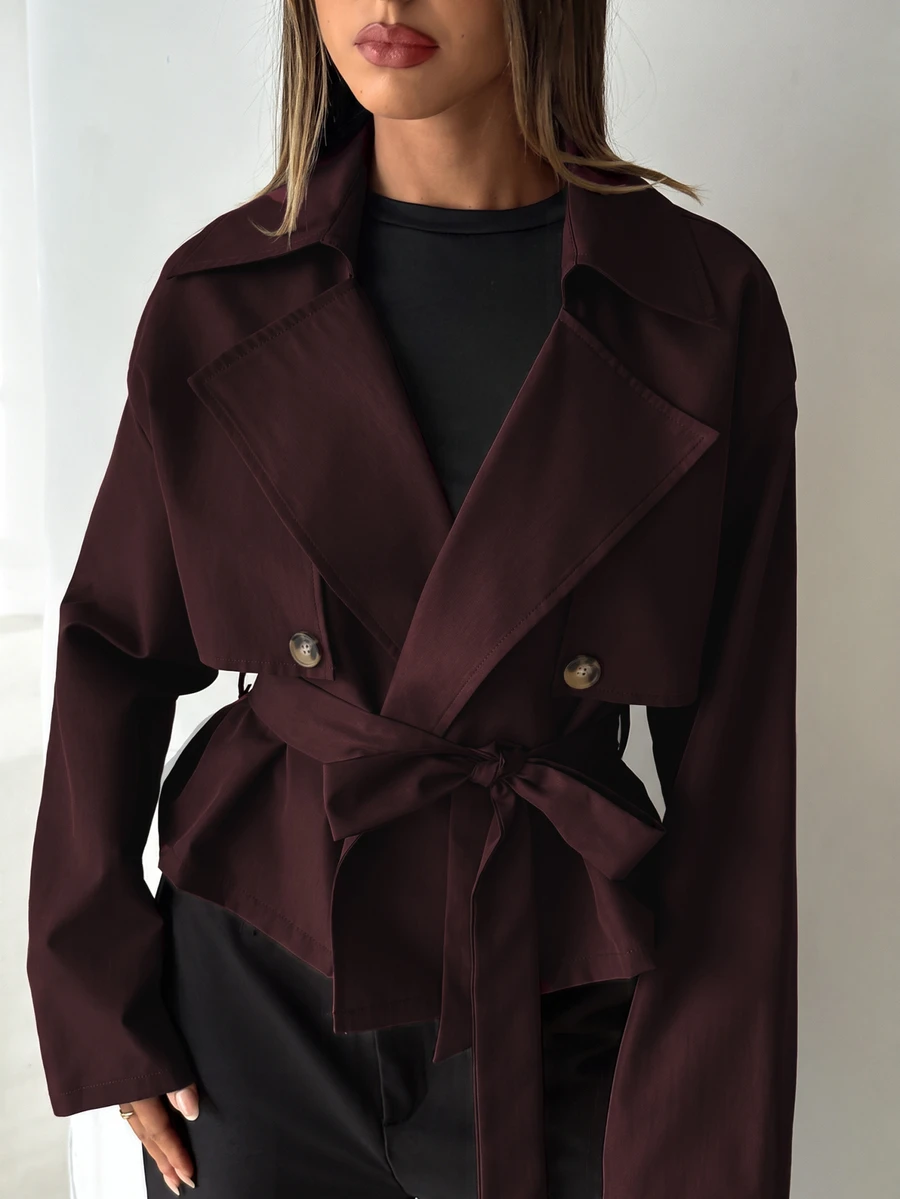Aloruh 女款秋冬雙排扣繫帶前短款風衣 - 中紫紅色 - 查看 1